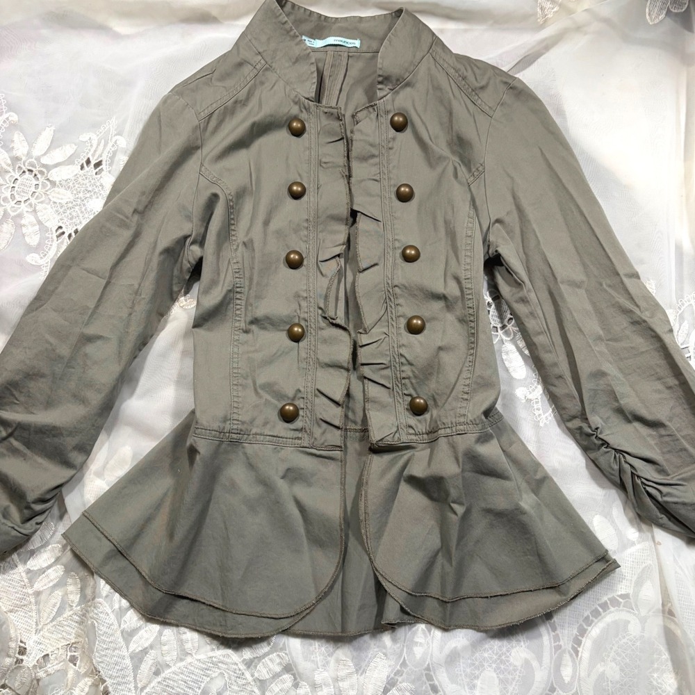 Y2K Subversive Olive Green Military Peplum Jacket Ruffle Bronze Buttons Size M